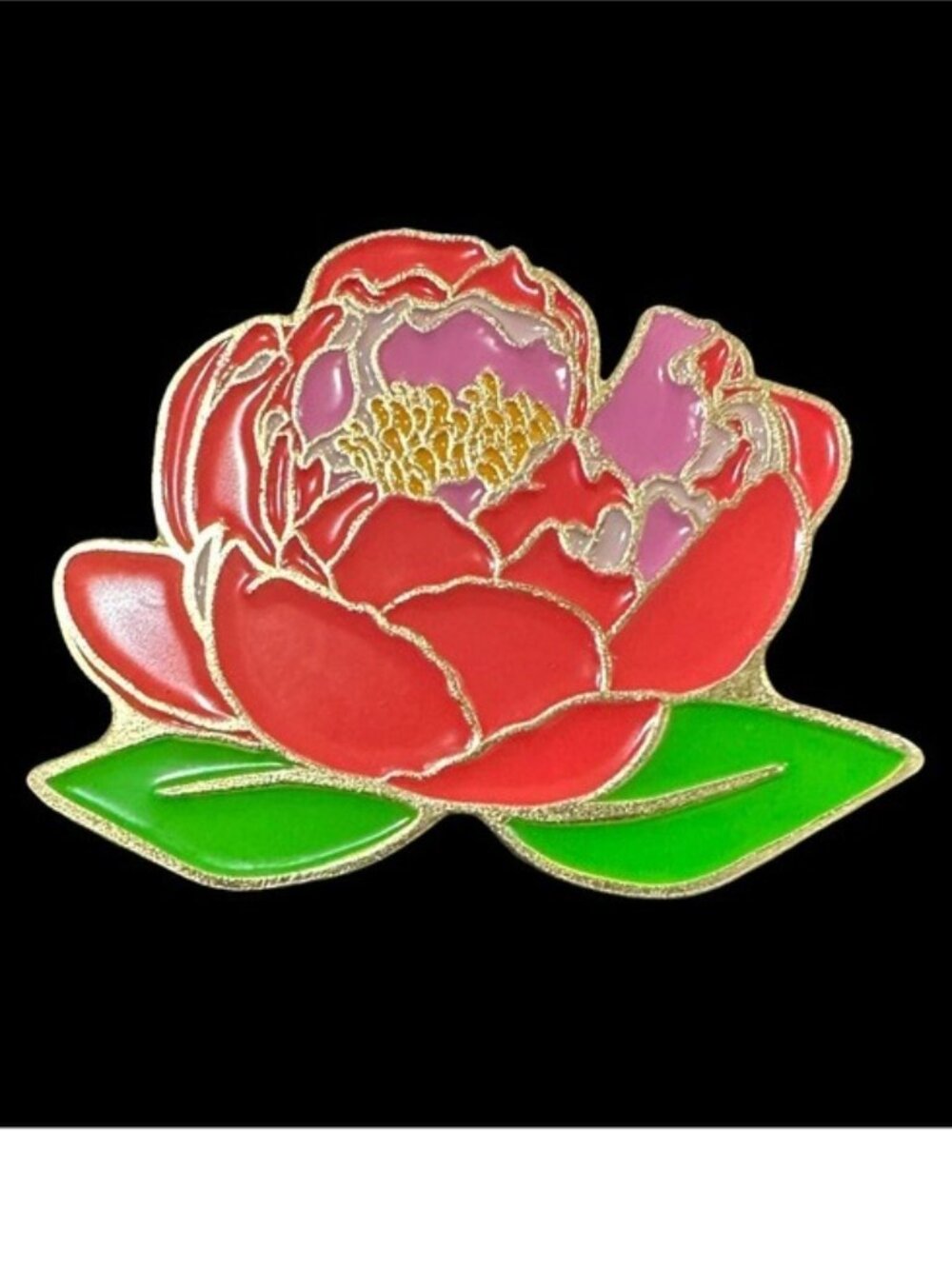 Peony Flower Enamel Pin Gold-Plated Red Green Floral Lapel Brooch Accessory
